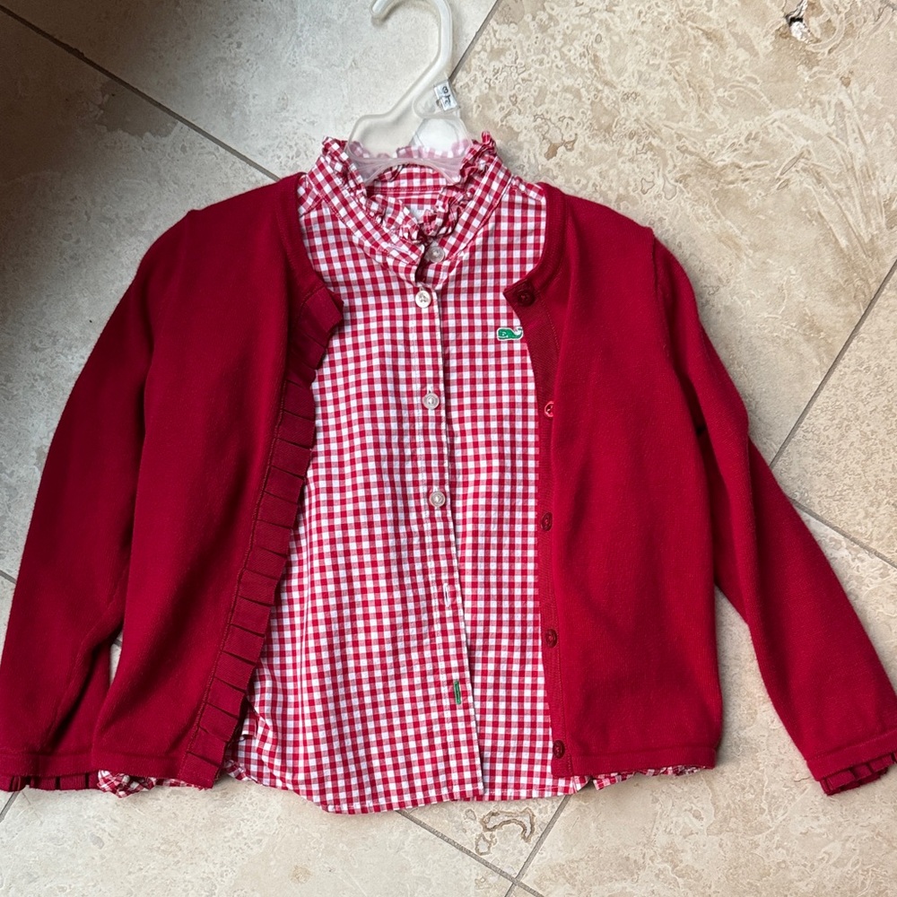 Vineyard Vines Red and White Gingham Blouse + sweater